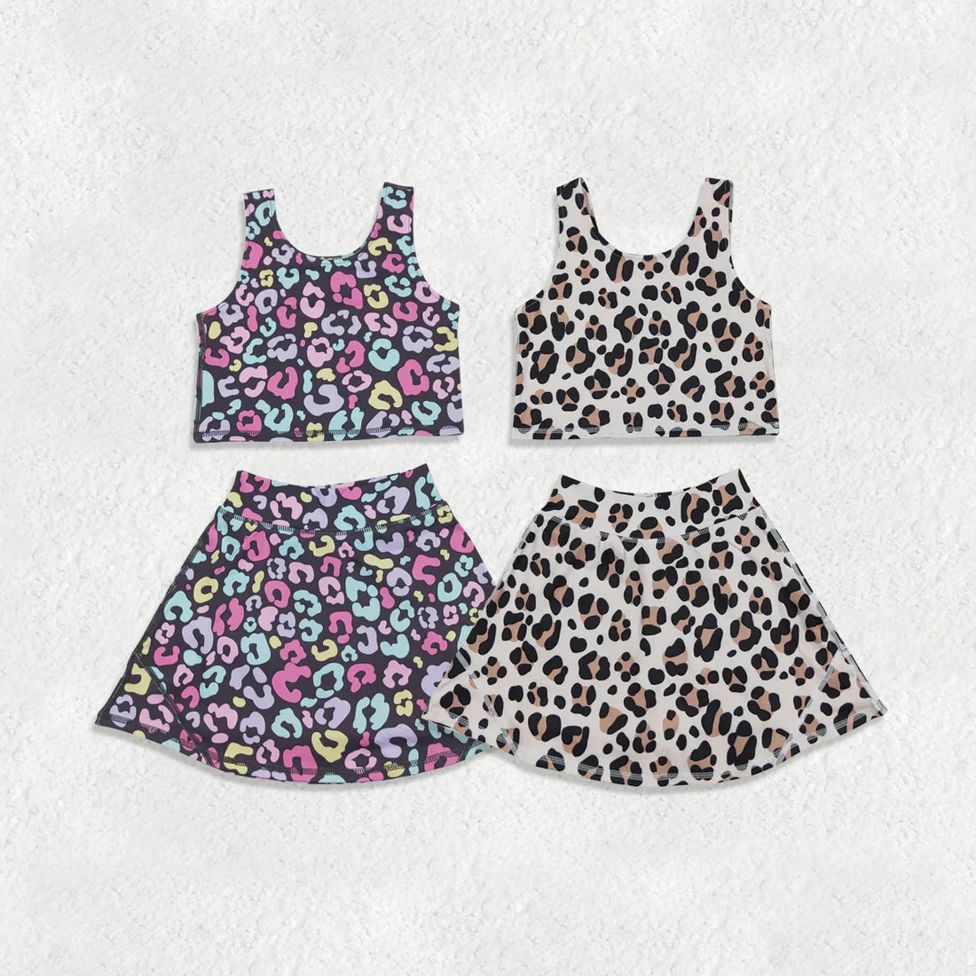 2.2 RTS Sibling Baby Girls Sleeveless Colorful Leopard Vests Skirt Shorts Yoga Active Clothes Set