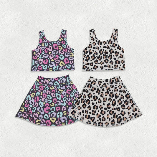 2.2 RTS Sibling Baby Girls Sleeveless Colorful Leopard Vests Skirt Shorts Yoga Active Clothes Set