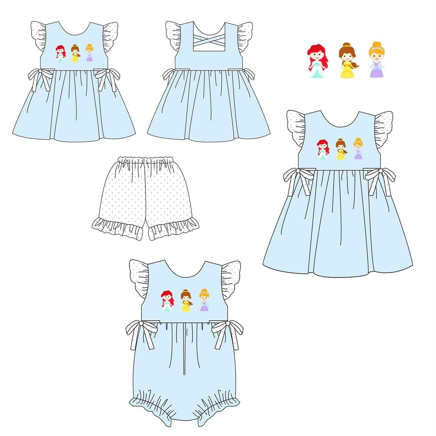 5.8 Pre order No Moq Cute Clothes Baby Girls Blue Ruffle Flutter Sleeve Top Shorts Set Matching Romper Dress