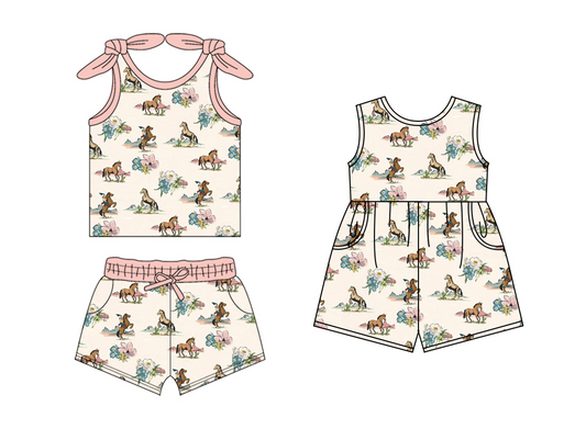 Baby Girls Western Horse Rodeo Flowers Bow Top Shorts Clothes Sets