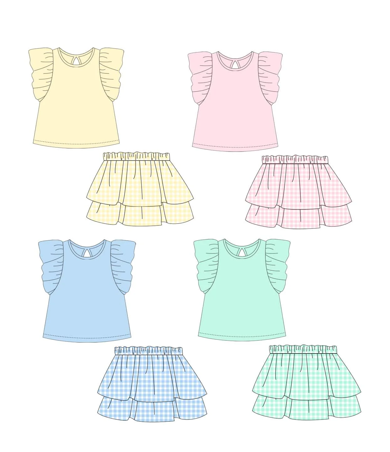 Girls Pink Plaid Skirt And Flutter Sleeve Top Clothing Set Cute Preppy Outfit for Kids