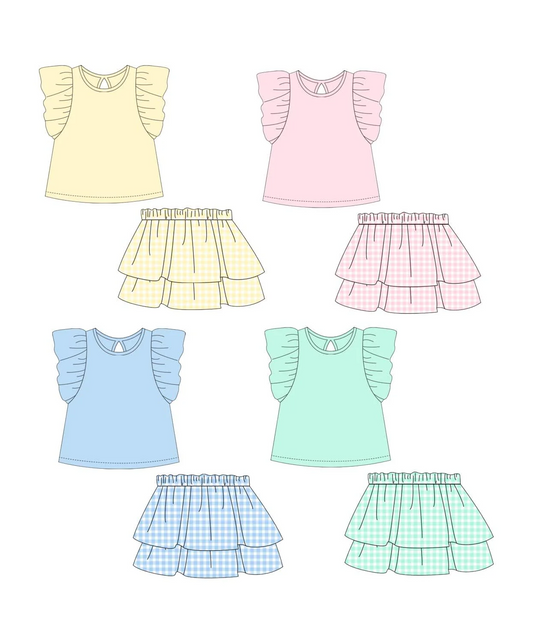 Girls Pink Plaid Skirt And Flutter Sleeve Top Clothing Set Cute Preppy Outfit for Kids