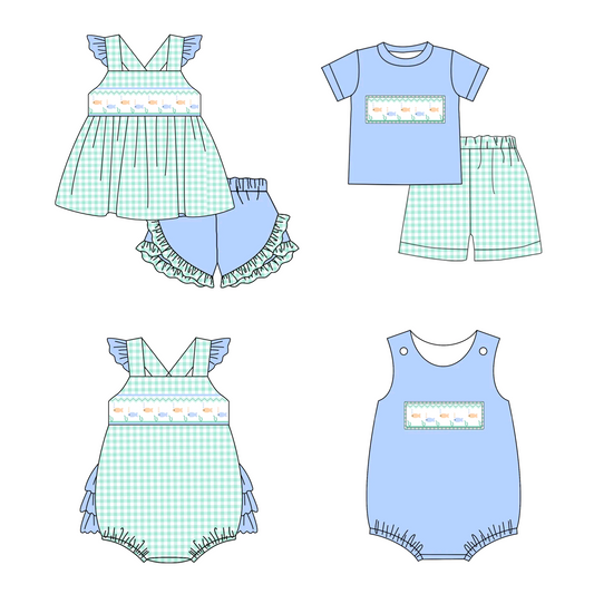 Kids Boys Light Blue Plaid Fishing Top And Shorts Set Summer Clothing Plaid Shorts for Boys Light Blue Fishing Graphic Tee
