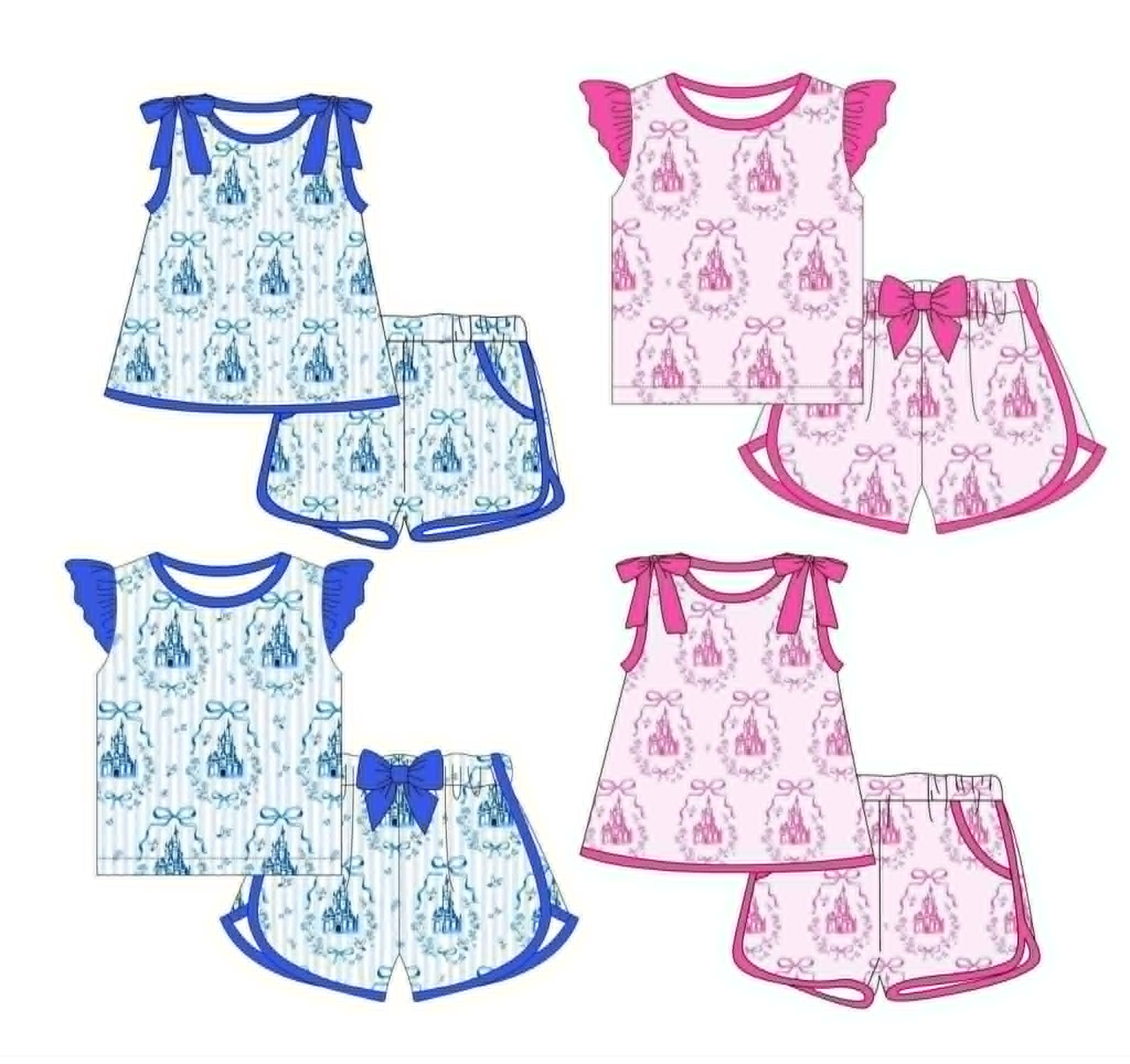 4.16 Pre order No Moq Baby Girls Flutter Sleeve Pink Bows Castles Top Short Clothes Sets