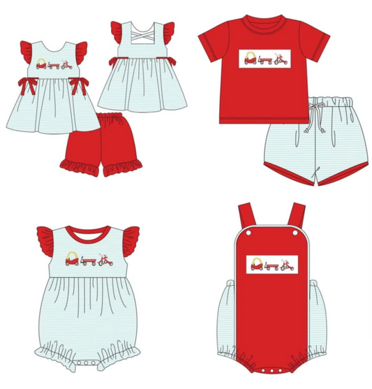 Little Girls’ Fashionable Red Stripe Car Tunic and Ruffle Shorts Set for Summer