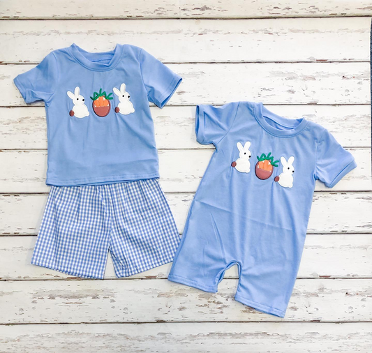 Baby Infant Boys Easter Blue Rabbits Short Sleeve Rompers and  short sets preorder