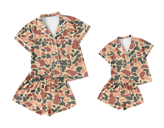 Adult Women and Baby Girls Green Camouflage Hunting Buttons Tops Shorts Pajamas Preorder