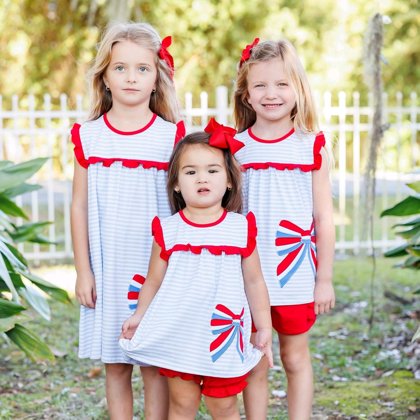 Girls Light Blue Stripe Ruffle Bow Tunic Shorts Set 4th of July Patriotic Clothing Outfit