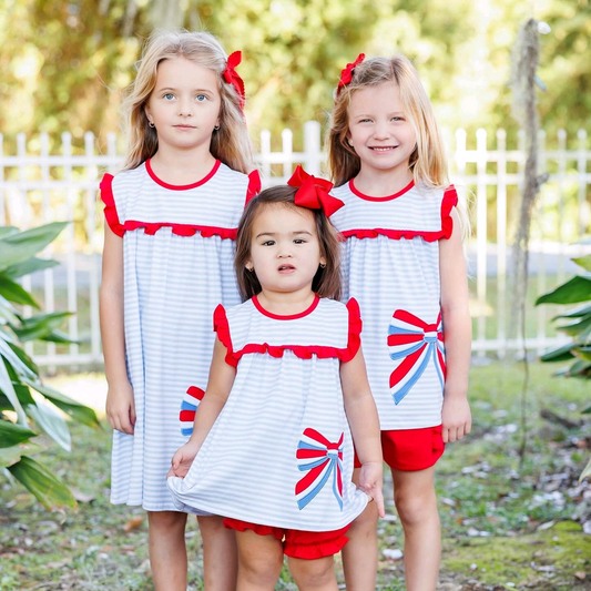 Girls Light Blue Stripe Ruffle Bow Tunic Shorts Set 4th of July Patriotic Clothing Outfit