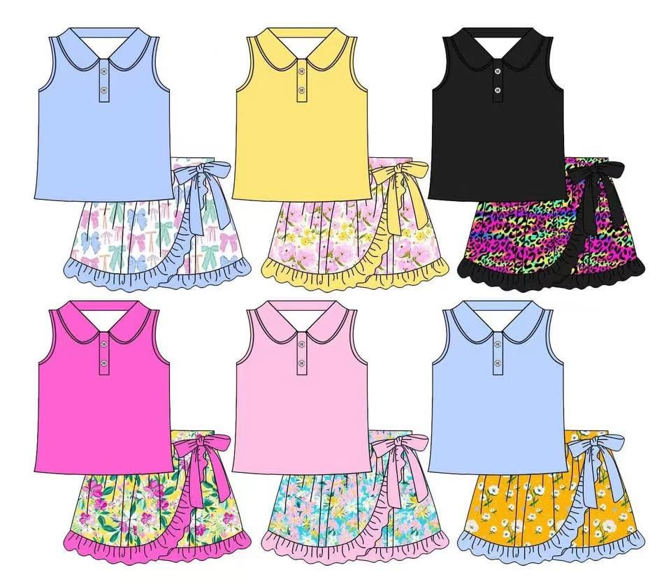 6.24  Pre order Baby Girls Black Sleeveless Button Top with Colorful Leopard Print Ruffle Skirt Set for Special Occasions