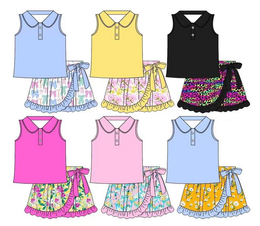 6.24  Pre order Baby Girls Black Sleeveless Button Top with Colorful Leopard Print Ruffle Skirt Set for Special Occasions