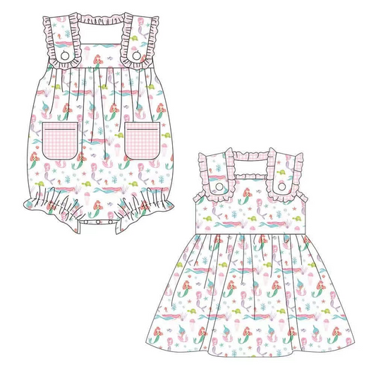 Baby Girls Sleeveless Romper with Plaid Pockets Octopus Fish Turtle Print - Comfortable Clothing for Little Ones