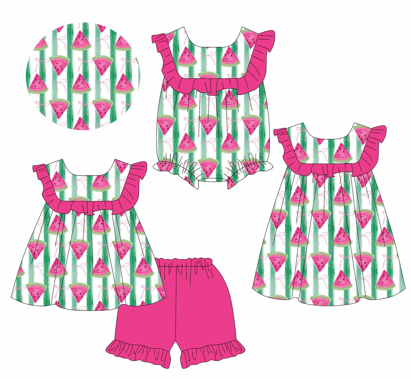 Watermelon stripe bow tunic ruffle shorts girls clothes