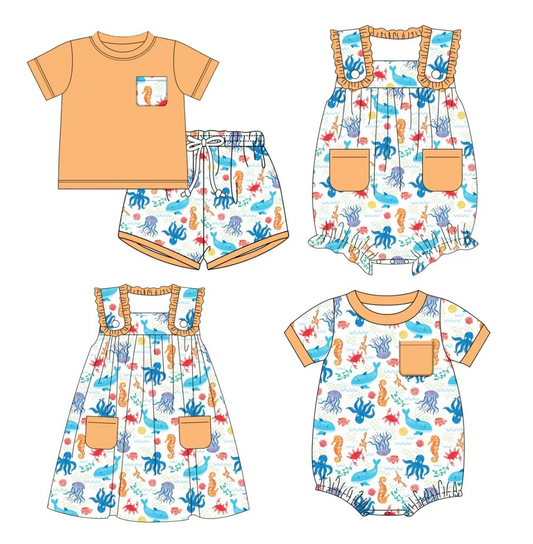 Baby Boys Orange Short Sleeves Pocket Top Sea World Short Set