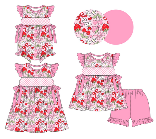 Girls Tunic Ruffle Shorts Set with Flutter Sleeves And Strawberry Bow - Cute Casual Outfit for Little Girls