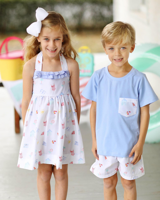 Boys Light Blue Pocket Top Beach Ball Shorts Summer Clothes Set Casual Breathable Kids Outfit for Beach And Playtime