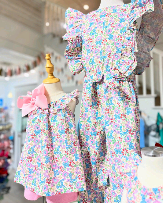 Girls Pink Cotton Floral Ruffle Top And Shorts Summer Outfit Set Cute Feminine Children's Clothing Combo