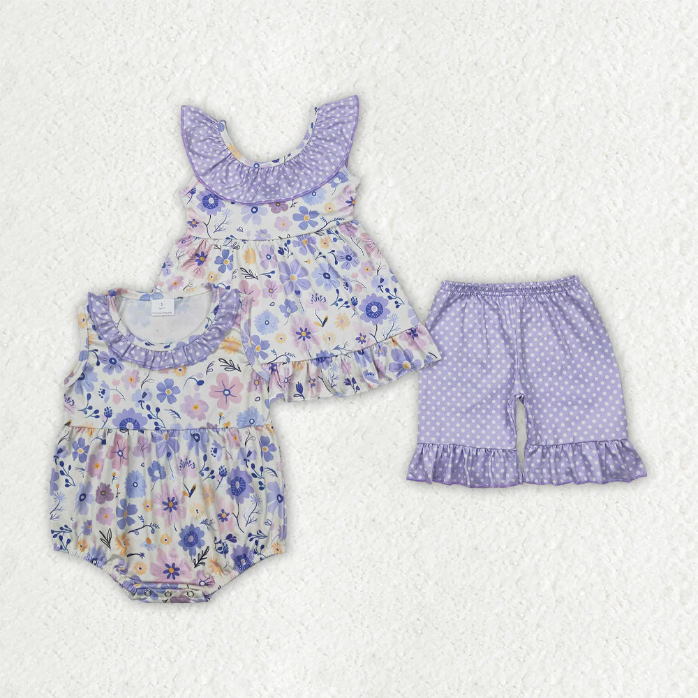 11.10 RTS Sibling Baby Girls Lavender Flowers Bow Tunic Ruffle Shorts Clothes Sets Rompers