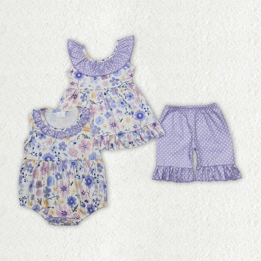 11.10 RTS Sibling Baby Girls Lavender Flowers Bow Tunic Ruffle Shorts Clothes Sets Rompers
