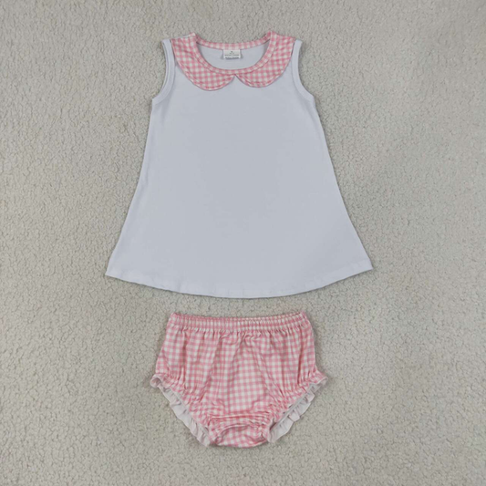 GBO0538（GT1706+SS0939） RTS NO MOQ （In stock）Baby Girls Light Pink Checked Tunic Bummies Clothes Sets