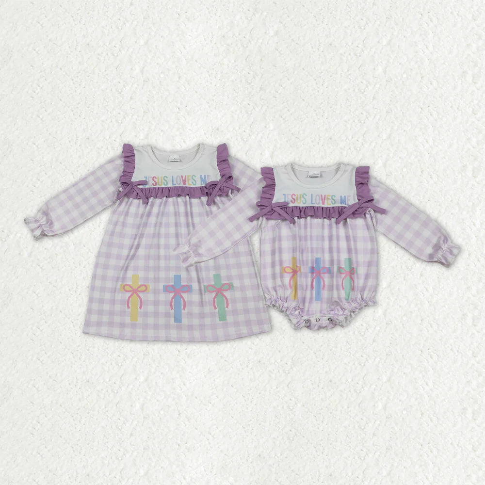 10.27 RTS Sibling Baby Girls Lavender Checked Jesus Love Me Crosses Knee Length Dress Romper