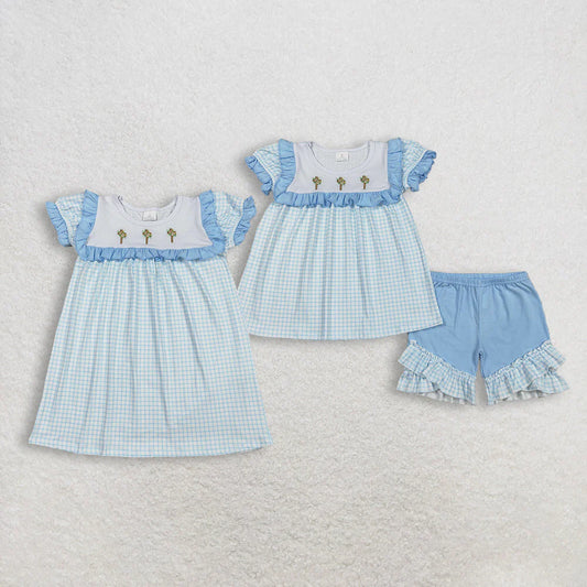 12.12 RTS Sibling Baby Girls Blue Checked Embroidery Floral Crosses Tunic Ruffle Shorts Knee Length Dress