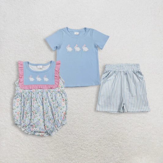 2.2 RTS Sibling Baby Boys Girls Embroidery Rabbits Stripe Pockets Short Easter Clothes Set Ruffle Rompers