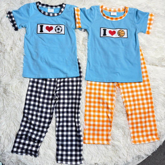 12.19 RST Sibling Baby Boys Embroidery I Love Balls Top Checked Pants Team Clothes Set