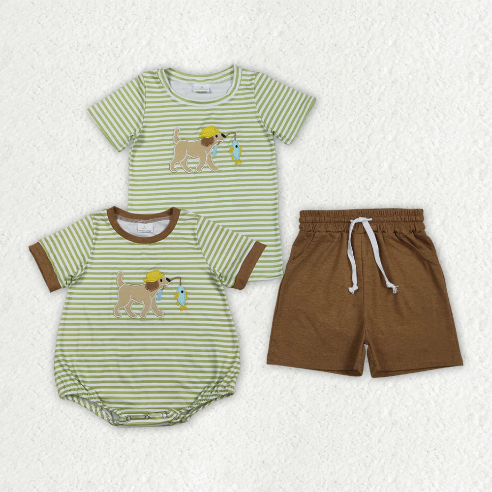 1.27 RTS Sibling Baby Boys Embroidery Dog Fishing Stripe Top Short Hunting Clothes Set Rompers