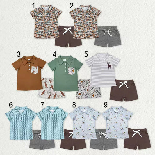 12.19 RTS Sibling Baby Boys Deer Ducks Camo Button Polo Shirts Pockets Shorts Hunting Clothes Set