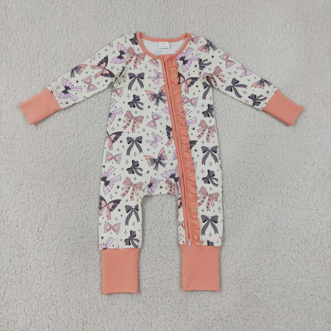 LR3078 Sample No Moq Baby Girls Bows Spiders Halloween Two Way Ruffle Zip Convertible Romper