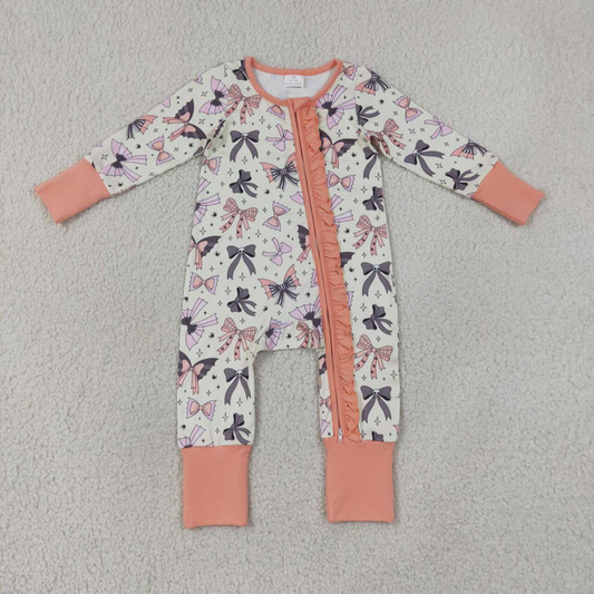 LR3078 Sample No Moq Baby Girls Bows Spiders Halloween Two Way Ruffle Zip Convertible Romper