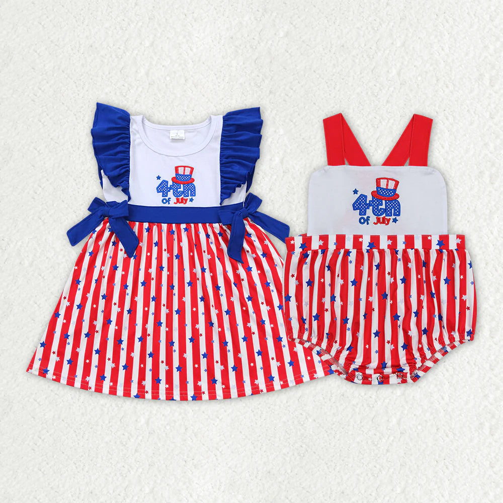 12.25 RTS Sibling Baby Girls 4th Of July Bows Rompers Dresses
