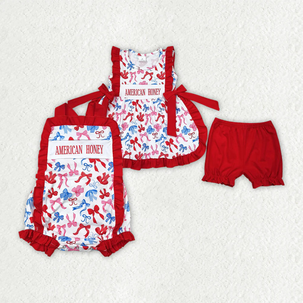 11.10 RTS Sibling Baby Girls American Honey Bows 4th Of July Rompers Outfits