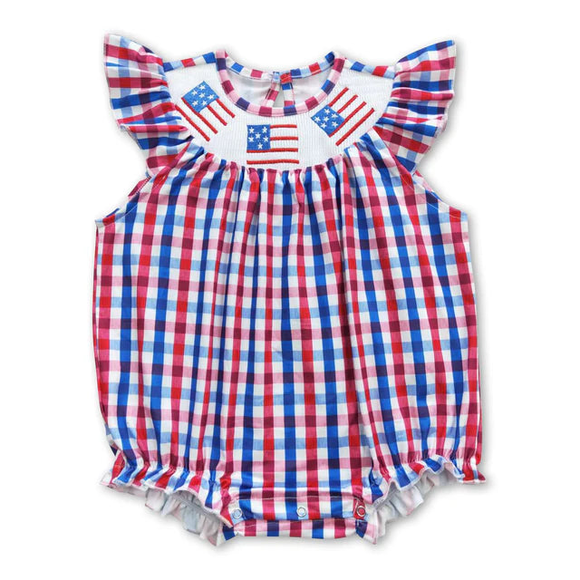 RTS Sibling Flag embroidery smock baby girls 4th of july romper