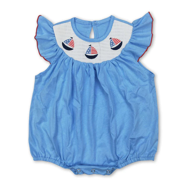 RTS Sibling Flag embroidery smock baby girls 4th of july romper