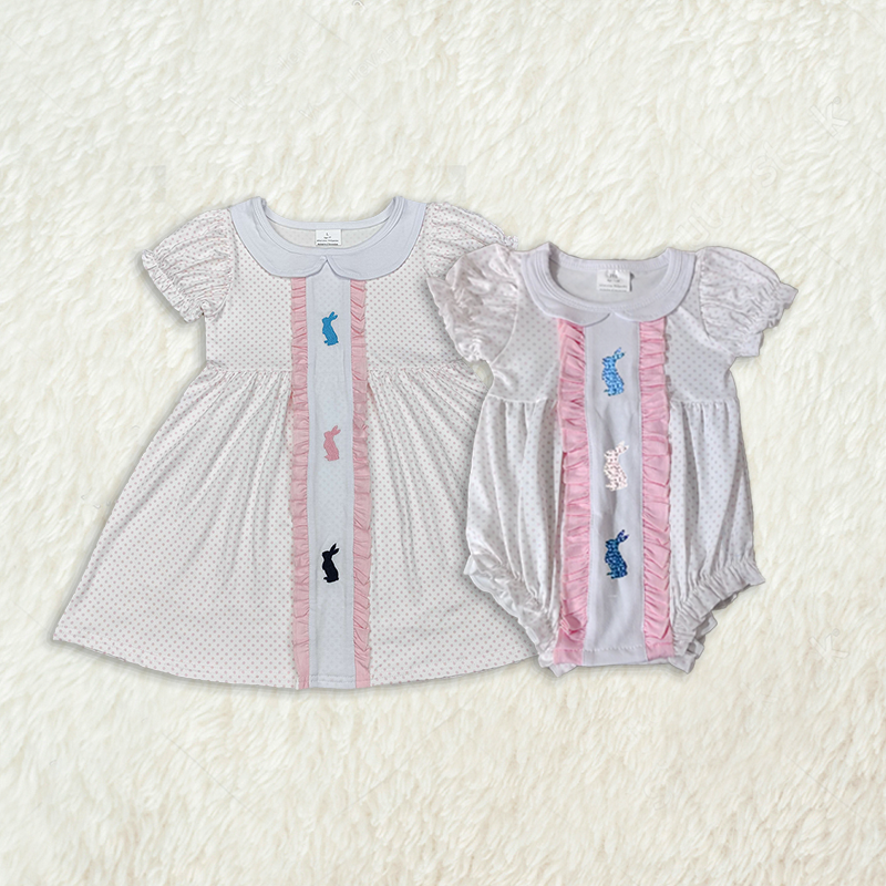 New Rts No Moq 8-9 Days By Air Arrived it Baby Girls' Short Sleeve Polka Dots Bunny Easter Dress Cute Spring/Summer Outfit for Little Ones