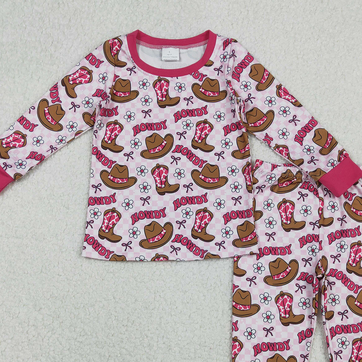 11.3 RTS NO MOQ （In stock）GLP2664 Baby Girls Pink Checked Flowers Howdy Top Pant Western Pajamas Sets