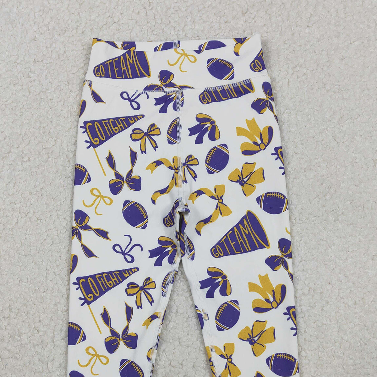 11.5 RTS NO MOQ （In stock）P0848 Baby Girls Purple Yellow Go Team Footballs Bows Yoga Legging Pants