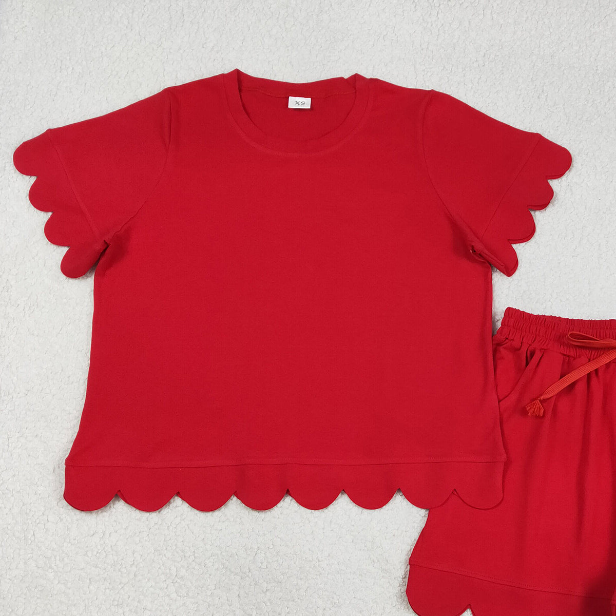 3.12 RTS NO MOQ （In stock）GSSO3205 Adult Women Red Shorts Sleeve Shirts Top Scallop Short Clothes Sets