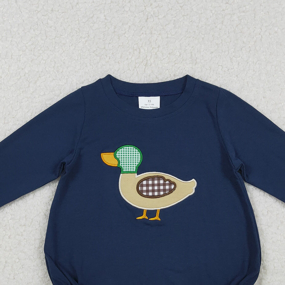 RTS NO MOQ （In stock）LR2436 Baby Boys Winter Rompers Navy Long Sleeves Duck Hunting Romper for Baby Boy