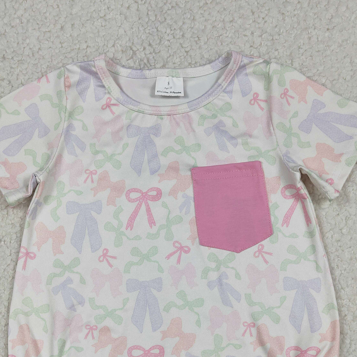 1.9 RTS NO MOQ （In stock）SR3731 Baby Girls Short Sleeve Colorful Bows Pockets Ruffle Rompers