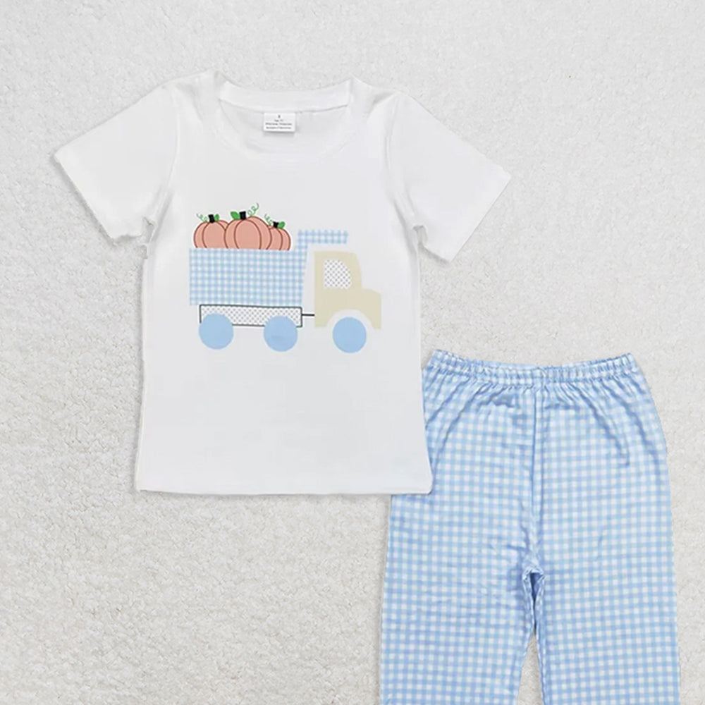 BSPO0398RTS NO MOQ Baby Boys Spring Outfits  Baby Boys Short Sleeve Pumpkin Tractor Top Pants Clothes Sets