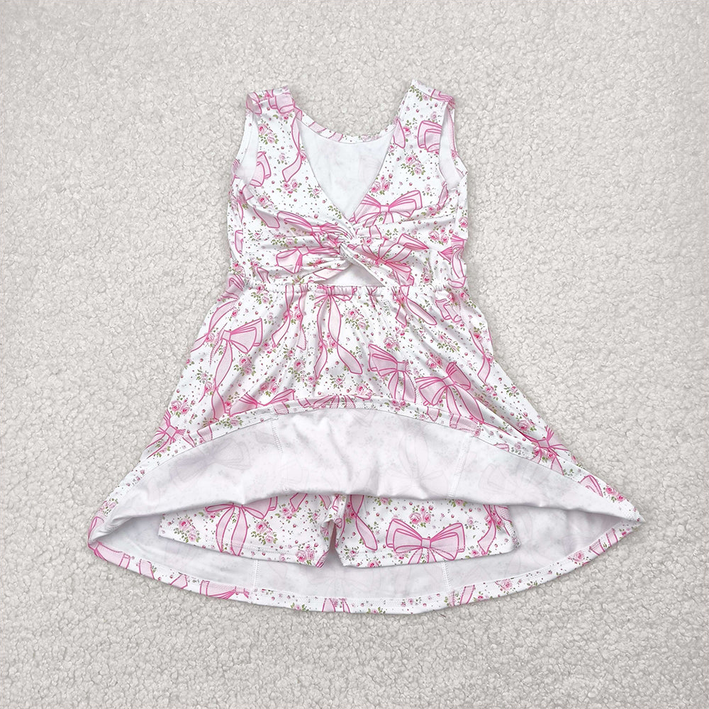 GSD2199RTS NO MOQ Baby Girls Summer Yoga Dress Kids Girls Sleeveless Pink Floral Bow Athletic Dresses - Soft Comfortable Lightweight Clothing for Active Girls