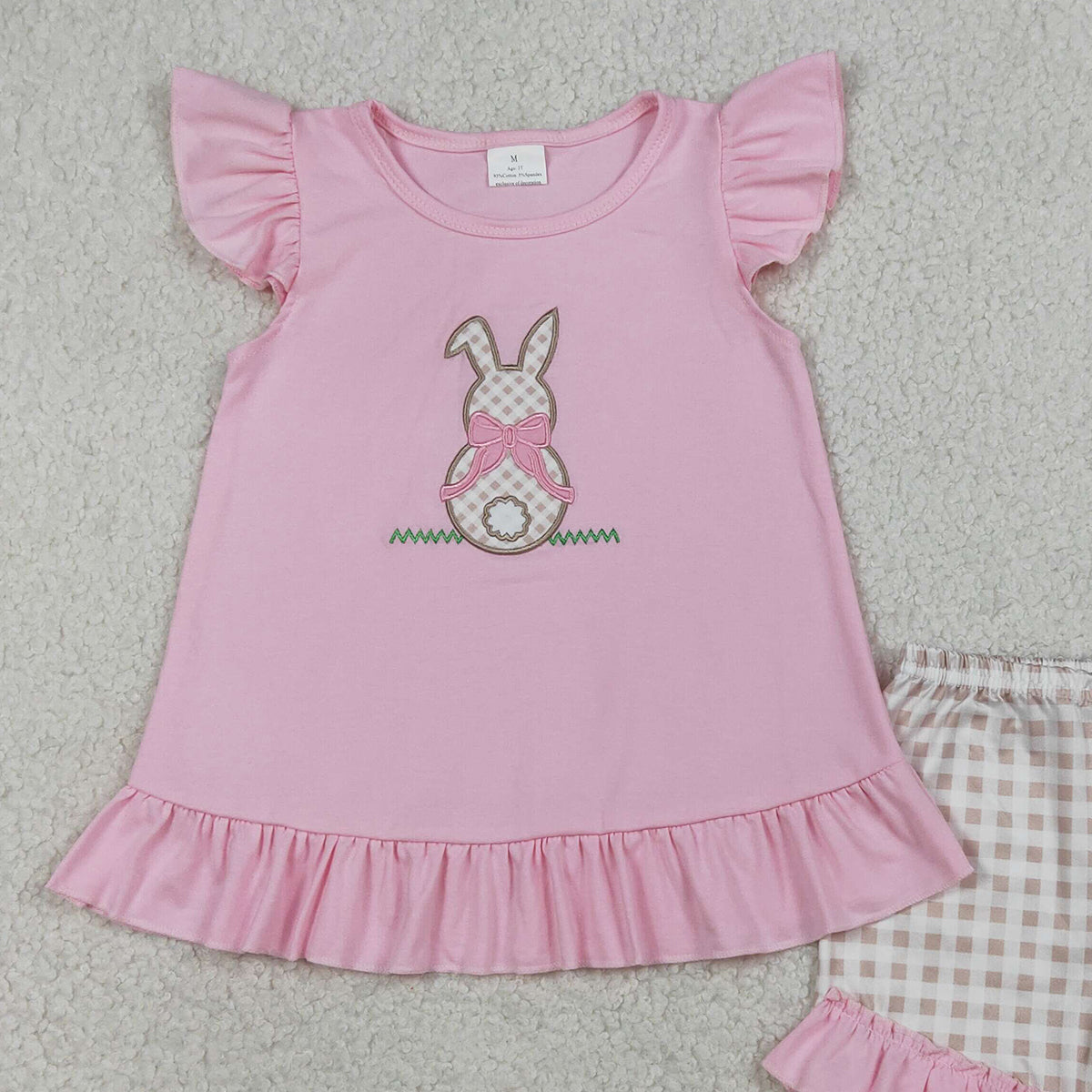 3.19 RTS NO MOQ （In stock）GSSO0374 Kids Clothing for Baby Girls Flutter Sleeve Embroidery Rabbit  Pink Tunic Checked Ruffle Shorts Easter Sets