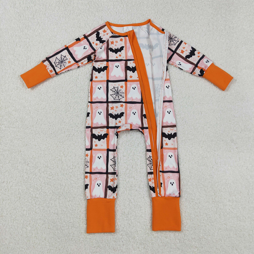 RTS NO MOQ （In stock）LR2539 Baby Boys Winter Rompers Ghosts Bats Halloween Zippered Footie Rompers for Infants Comfortable Spooky Costume Onesie