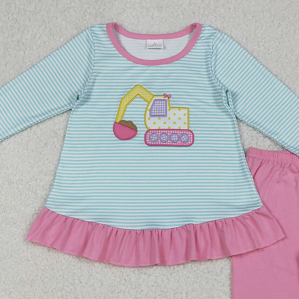 RTS NO MOQ （In stock）GLP2466 Baby Girls Winter Outfits Blue Stripe Long Sleeves Excavator Tunic Pink Legging Pant Set