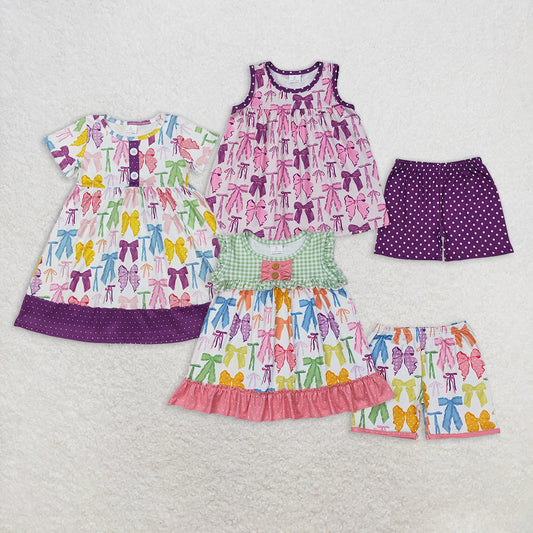 7.14  RTS NO MOQ Sleeveless plaid bow tunic shorts girls clothing dress set