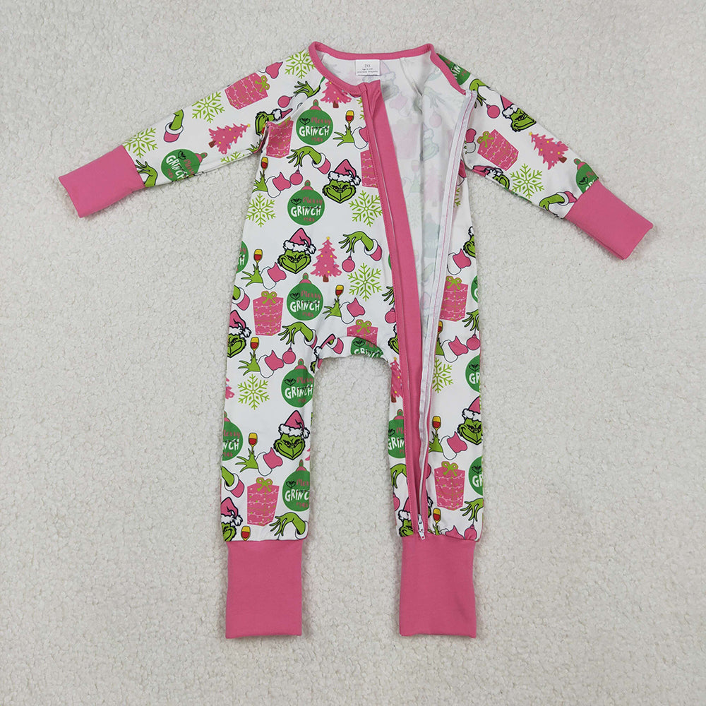 RTS NO MOQ （In stock）LR2588 Baby Girls Winter Rompers Green Face Gifts Christmas Zipper Footie Rompers