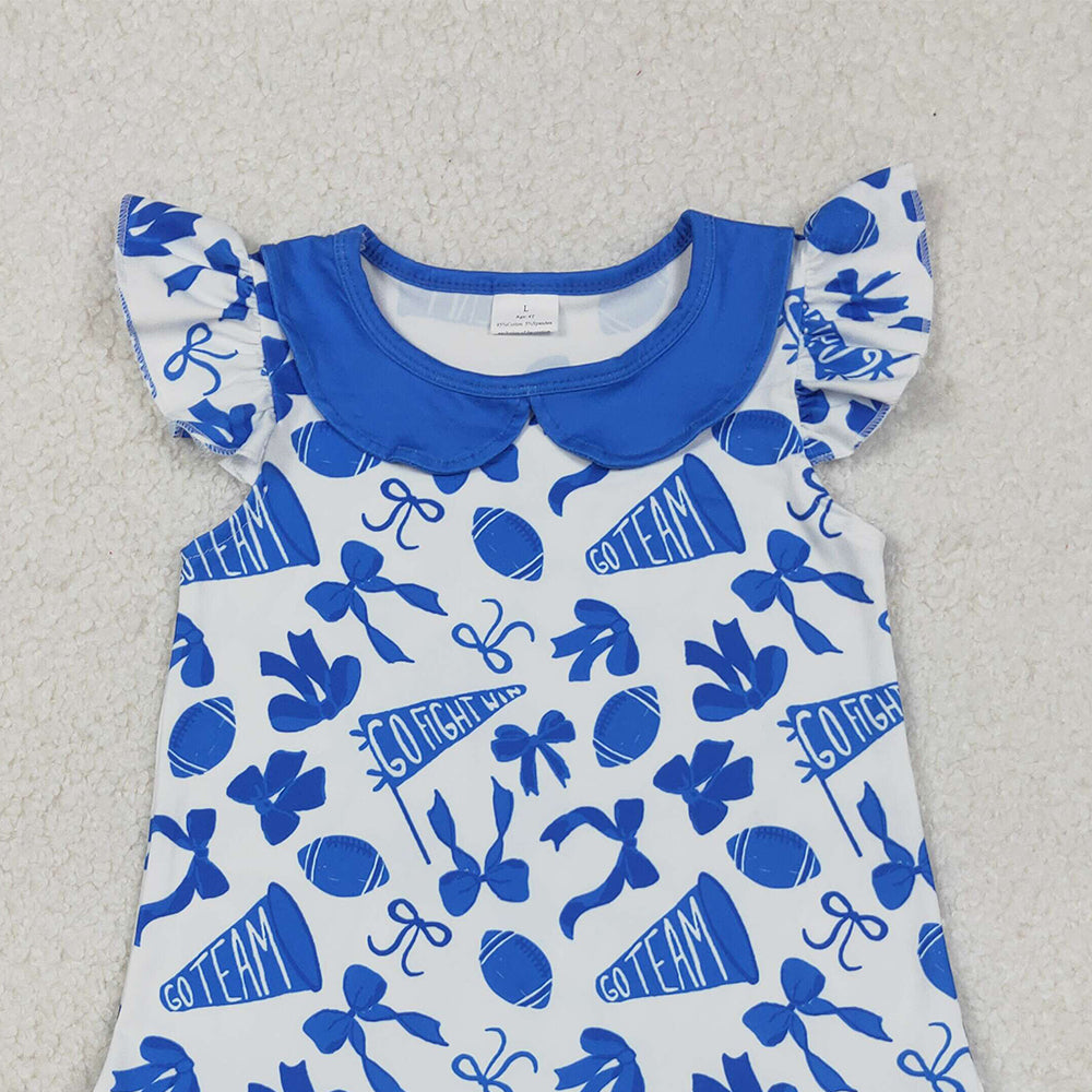 RTS NO MOQ （In stock）GSD2782 Baby Girls Summer Dress Knee-Length Dress with Blue Cheer Bows And Flutter Sleeves Team Color Options